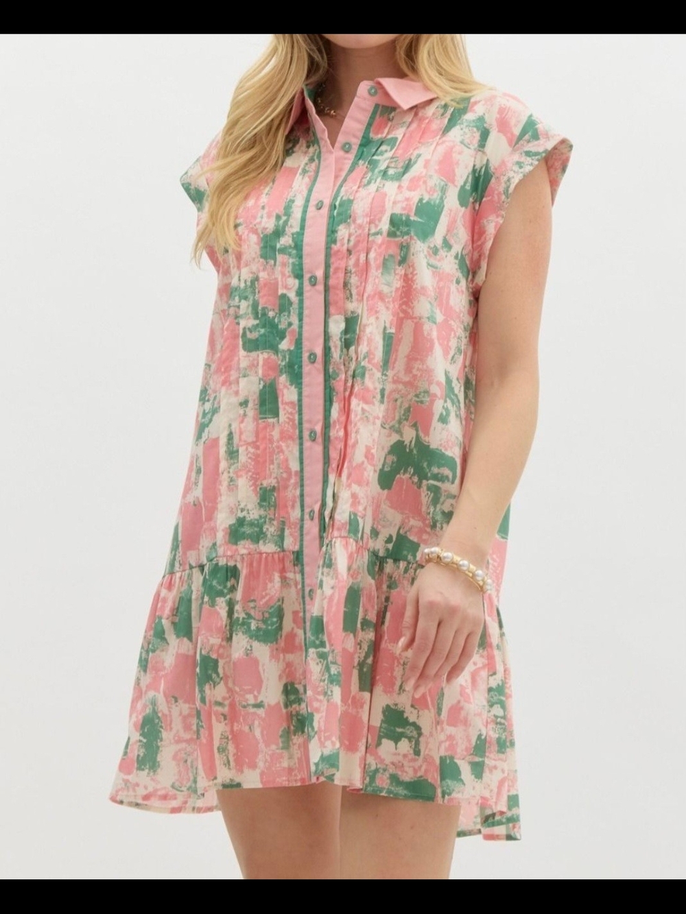 Entro Pink Green Abstract Print Pintuck Button Front Mini Dress M Boho Preppy